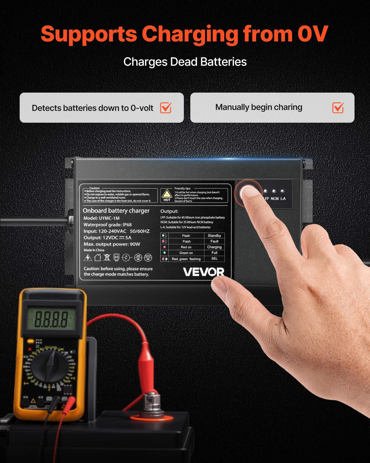 VEVOR Marine Battery Charger, 1-Bank, 5A 12V Onboard Boat Charger, IP68 Waterproof Smart On-Board Battery Charger, for Lithium-Ion (LiFePO4), NCM, Lead-Acid Batteries, Large Boat, Yacht, RV, Trailer - CYCDQ5A1FL00YMIYP001V5 - view 5