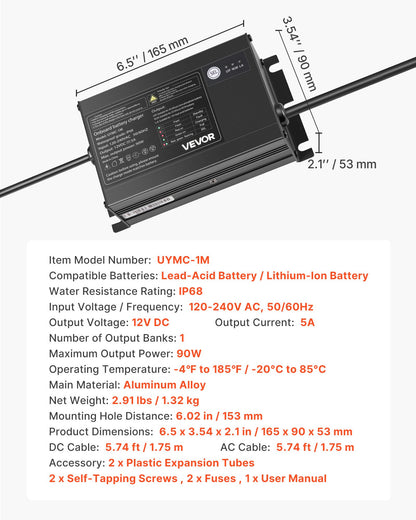 VEVOR Marine Battery Charger, 1-Bank, 5A 12V Onboard Boat Charger, IP68 Waterproof Smart On-Board Battery Charger, for Lithium-Ion (LiFePO4), NCM, Lead-Acid Batteries, Large Boat, Yacht, RV, Trailer - CYCDQ5A1FL00YMIYP001V5 - view 8