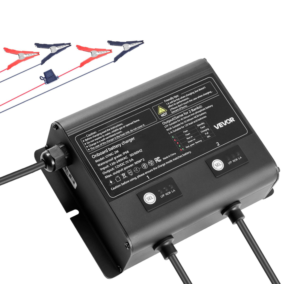 VEVOR Marine Battery Charger, 2-Bank, 5A 12V Onboard Boat Charger, IP68 Waterproof Smart On-Board Battery Charger, for Lithium-Ion (LiFePO4), NCM, Lead-Acid Batteries, Large Boat, Yacht, RV, Trailer - CYCDQ5A2FL000GQZ0001V5 - view 1