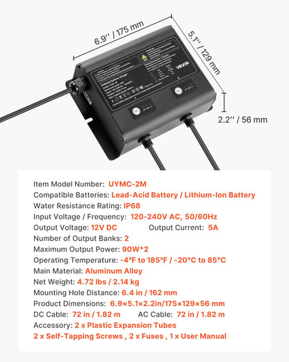 VEVOR Marine Battery Charger, 2-Bank, 5A 12V Onboard Boat Charger, IP68 Waterproof Smart On-Board Battery Charger, for Lithium-Ion (LiFePO4), NCM, Lead-Acid Batteries, Large Boat, Yacht, RV, Trailer - CYCDQ5A2FL000GQZ0001V5 - view 8