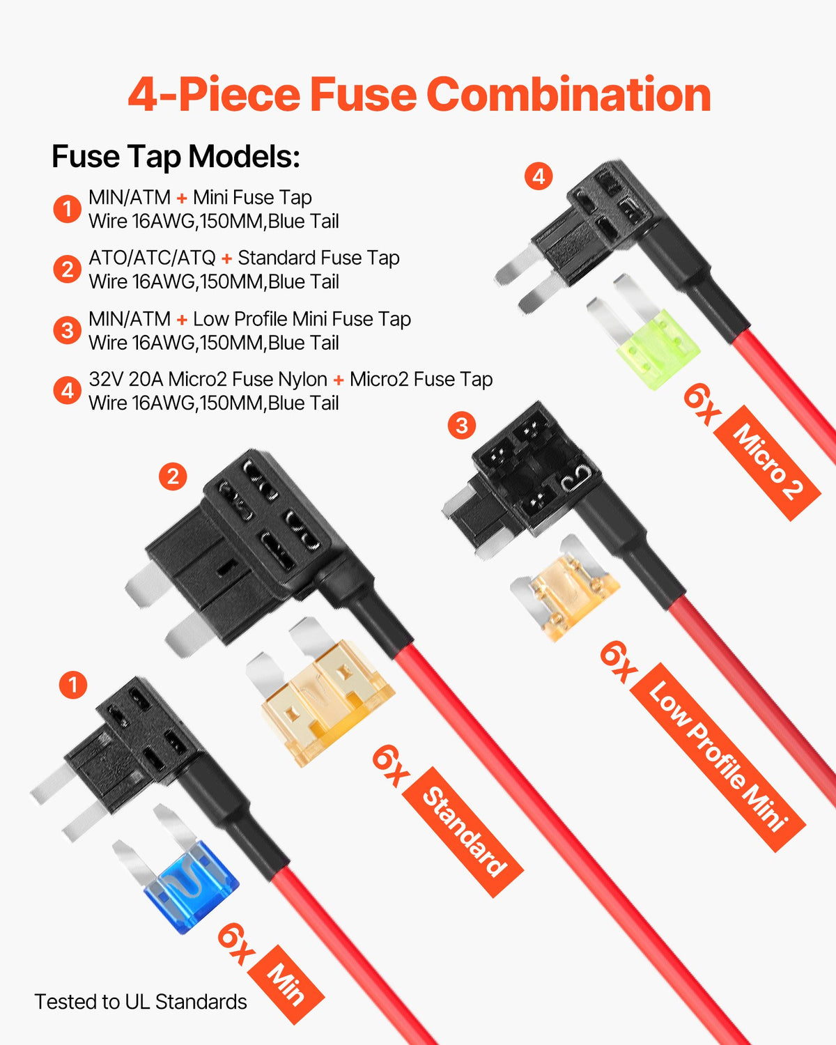 VEVOR Fuse Tap, 24 Packs, 4 Types 12V Car Add-a-Circuit Fuse Tap Adapter, Standard Mini Micro2 and Low Profile Mini Blade Fuses Holder, ATO ATC ATM Fuses Adapter Jumper for Cars Trucks Boats - CYCPSBXS24JTJL7YF001V9 - view 6