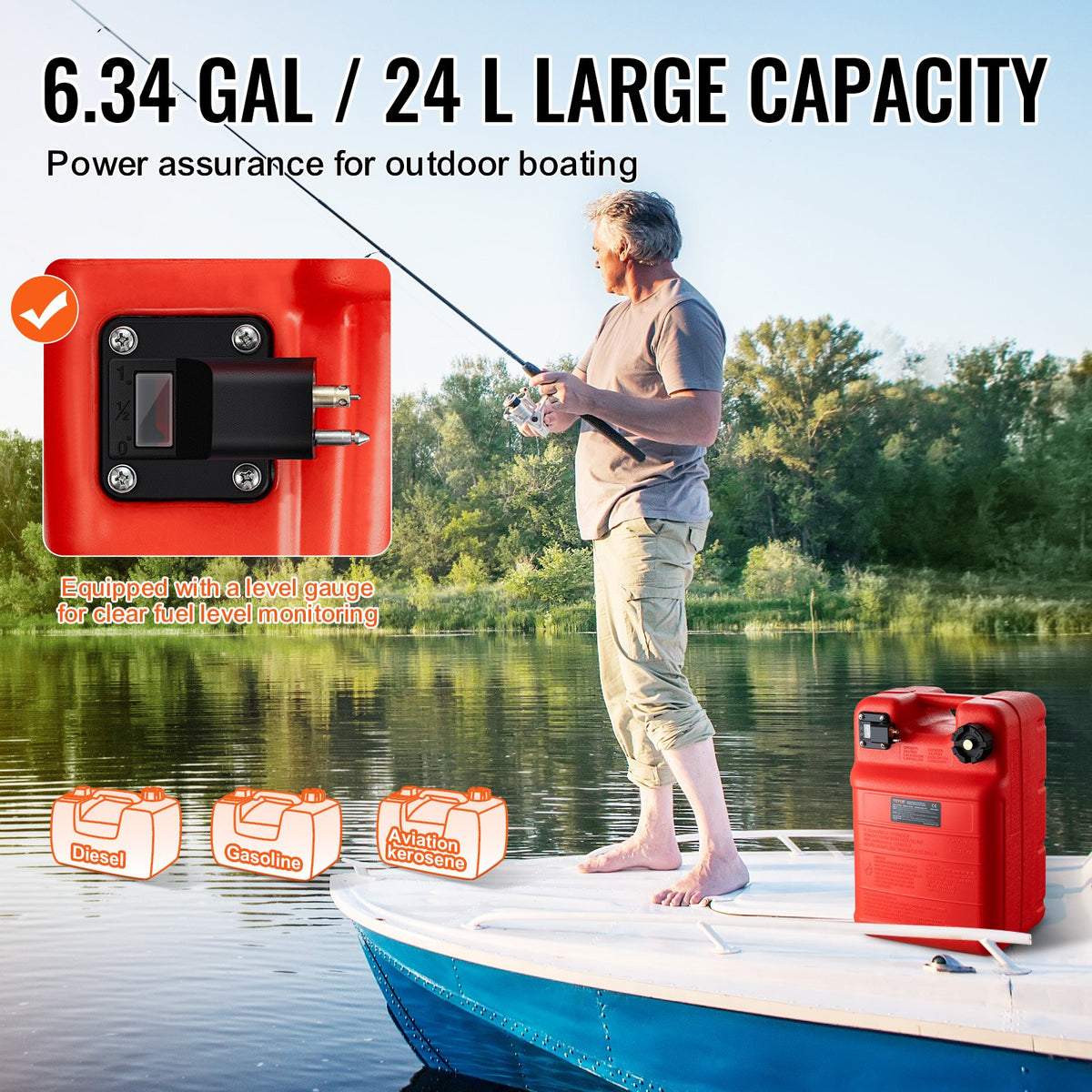 VEVOR Marine Tank, 6.34-Gallon/24-L Marine Portable Tank Outboard Marine Boat Transfer Tank with 9.8ft Hose, Gauge for Outboard Engine Boats, Yacht, Fishing Boat, Deck Boat, Red - CYCYXLS6GAL0N38MBV0 - view 5