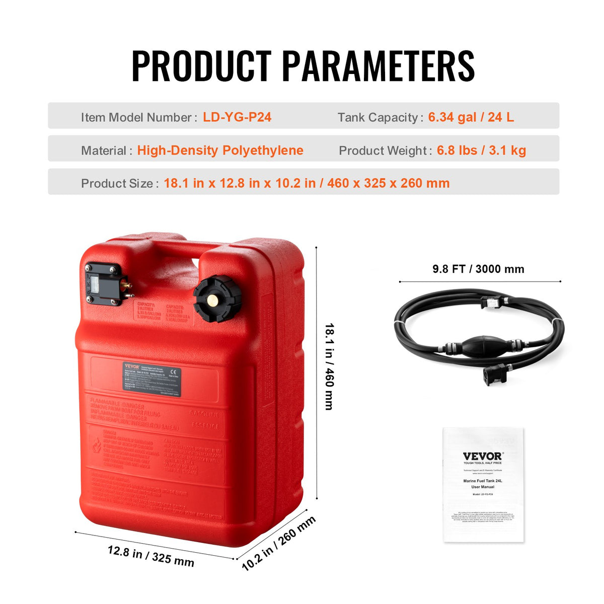 VEVOR Marine Tank, 6.34-Gallon/24-L Marine Portable Tank Outboard Marine Boat Transfer Tank with 9.8ft Hose, Gauge for Outboard Engine Boats, Yacht, Fishing Boat, Deck Boat, Red - CYCYXLS6GAL0N38MBV0 - view 8