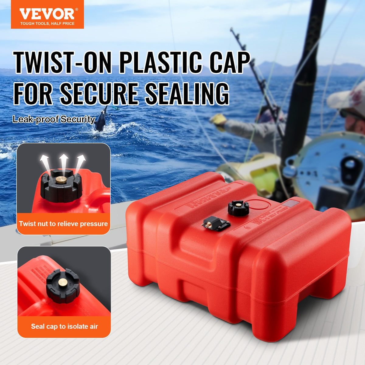 VEVOR Portable Fuel Tank, 12 Gallon/55L, Plastic Outboard Marine Tank with Hose, Easy to Carry for Yacht, Fishing, Deck Boats, Red - CYCYXWS12GAL1MPLHV0 - view 3