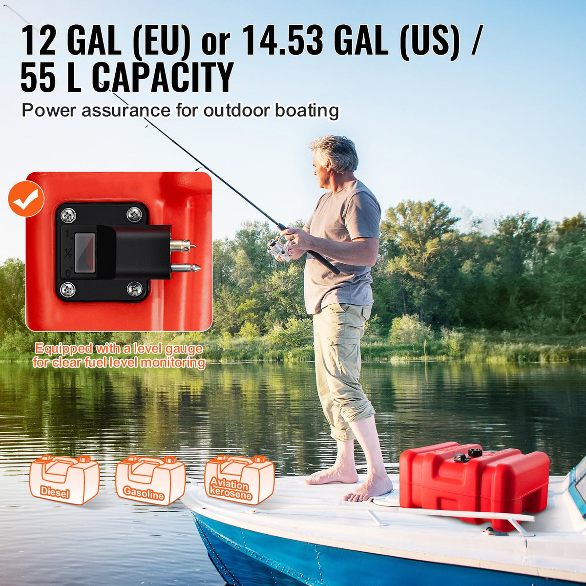 VEVOR Portable Fuel Tank, 12 Gallon/55L, Plastic Outboard Marine Tank with Hose, Easy to Carry for Yacht, Fishing, Deck Boats, Red - CYCYXWS12GAL1MPLHV0 - view 5