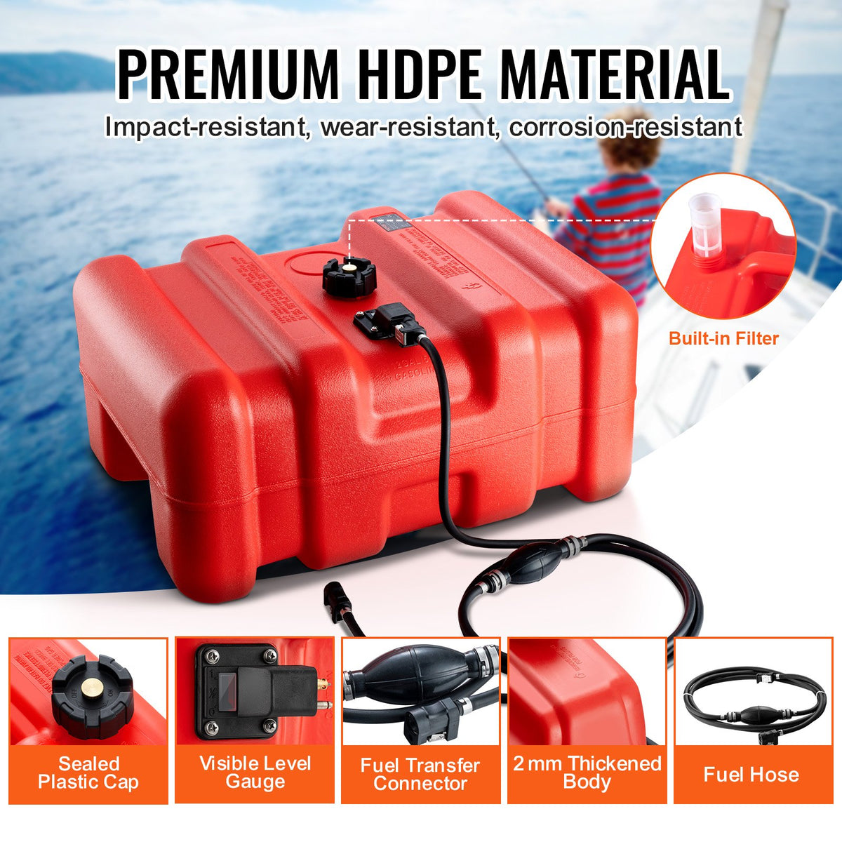 VEVOR Portable Fuel Tank, 12 Gallon/55L, Plastic Outboard Marine Tank with Hose, Easy to Carry for Yacht, Fishing, Deck Boats, Red - CYCYXWS12GAL1MPLHV0 - view 6