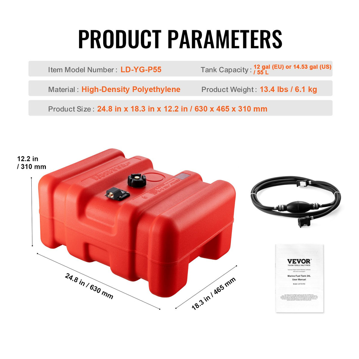 VEVOR Portable Fuel Tank, 12 Gallon/55L, Plastic Outboard Marine Tank with Hose, Easy to Carry for Yacht, Fishing, Deck Boats, Red - CYCYXWS12GAL1MPLHV0 - view 8