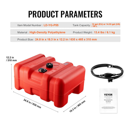 VEVOR Portable Fuel Tank, 12 Gallon/55L, Plastic Outboard Marine Tank with Hose, Easy to Carry for Yacht, Fishing, Deck Boats, Red - CYCYXWS12GAL1MPLHV0 - view 8