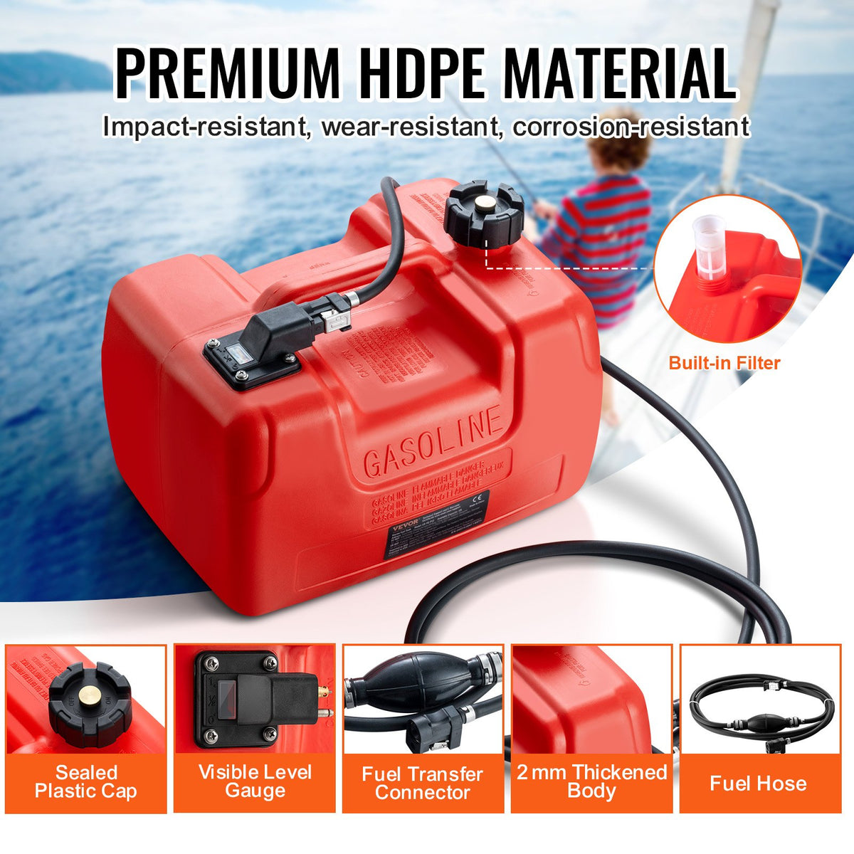 VEVOR Boat Fuel Tank, 3.17-Gallon/12-L Marine Outboard Transfer Tank, Transfer Tank with 9.8ft Hose, Gauge for Outboard Engine, Yacht, Fishing Boat, Deck, Red - CYCYXWS3GAL0FPMRNV0 - view 6
