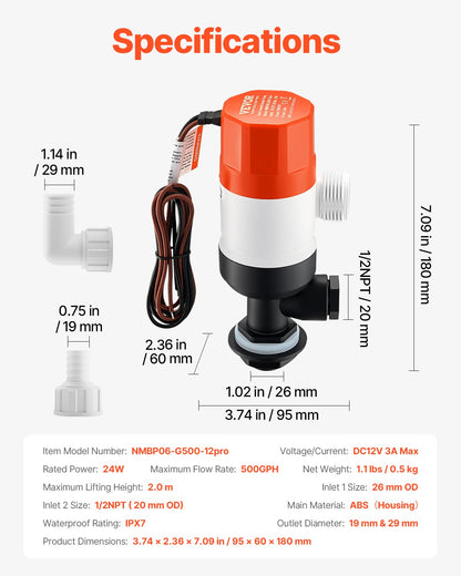 VEVOR Livewell Pump for Boat, 12V 500 GPH Straight Livewell Aerator Pump with Dual Inlets, ABA Housing & Detachable Motor Cartridge, Corrosion-Resistant Livewell/Baitwell Pump for Freshwater Saltwater - CYHSB500GPHZPKUIQV9 - view 8