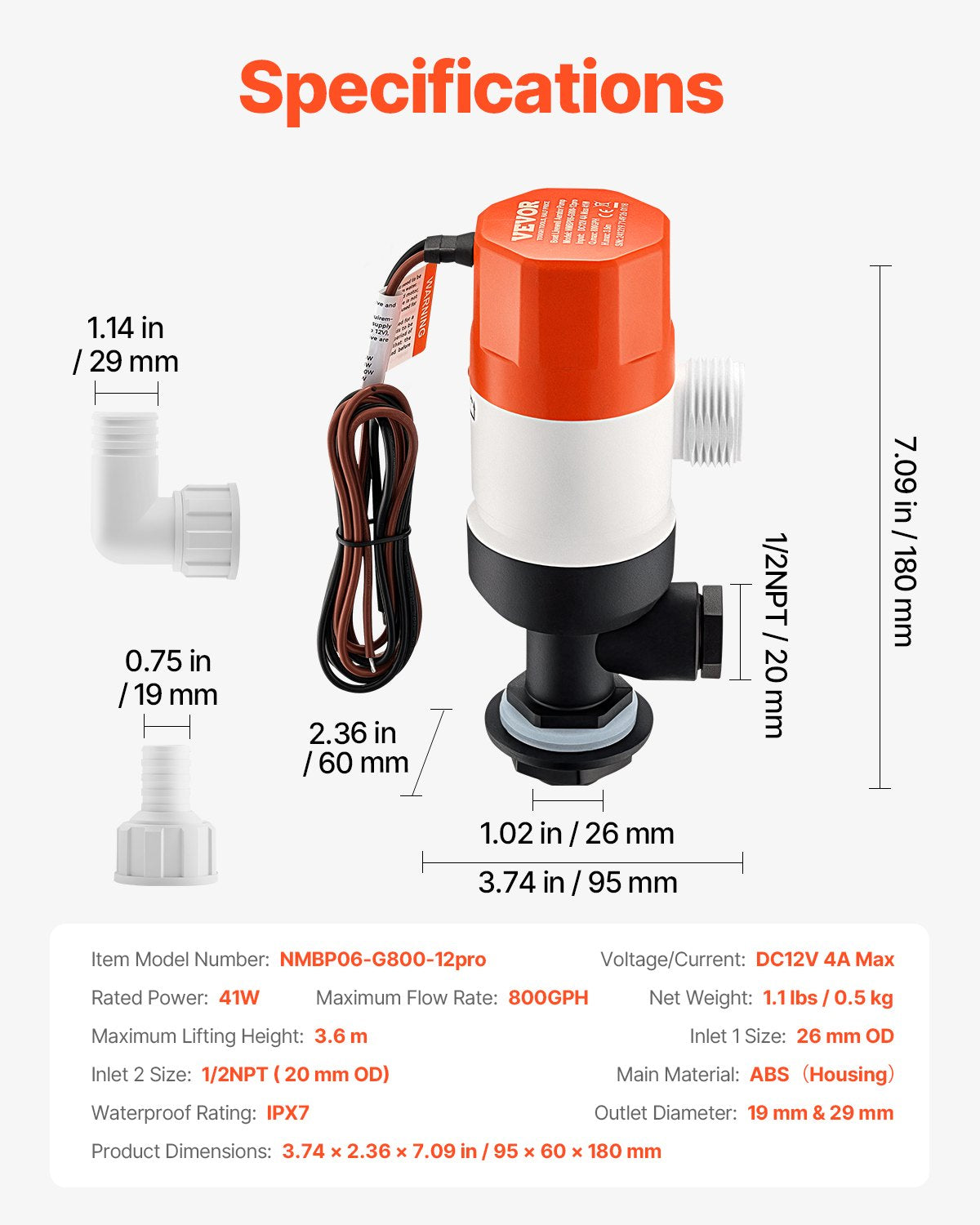 VEVOR Livewell Pump for Boat, 12V 800 GPH Straight Livewell Aerator Pump with Dual Inlet, ABA Housing & Detachable Motor Cartridge, Corrosion-Resistant Livewell/Baitwell Pump for Freshwater Saltwater - CYHSB800GPHZ0JYXRV9 - view 8