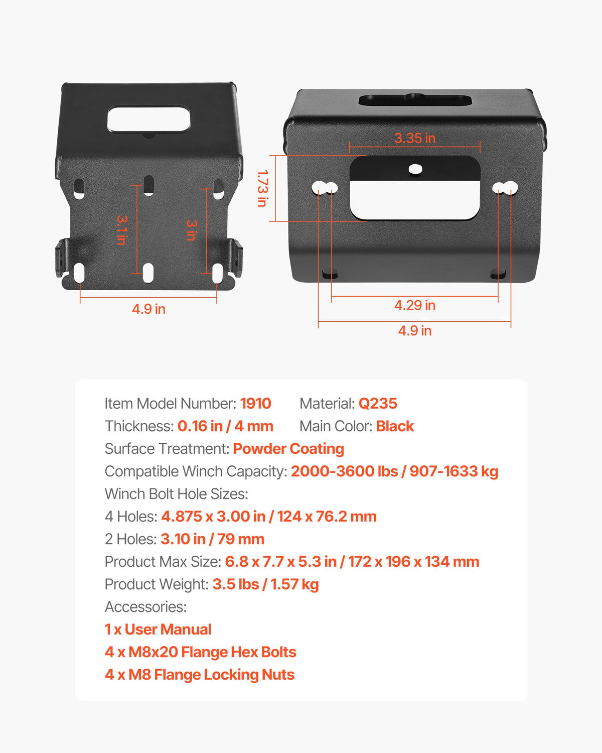 VEVOR Winch Mount, Winch Capacity of 2000-3600 lbs, Trailer Hitch Winch Mount for Select Honda Foreman and Rancher Rubicon Models (2014-2021), 2 Mounting Hole Design, Powder Coated Steel, Black - CYJPAZZJHONDQ2AMT001V0 - view 8