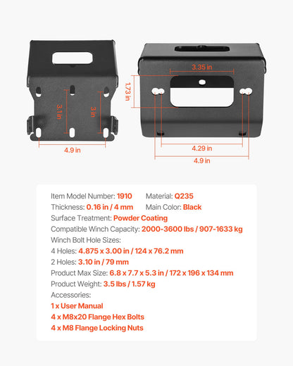 VEVOR Winch Mount, Winch Capacity of 2000-3600 lbs, Trailer Hitch Winch Mount for Select Honda Foreman and Rancher Rubicon Models (2014-2021), 2 Mounting Hole Design, Powder Coated Steel, Black - CYJPAZZJHONDQ2AMT001V0 - view 8