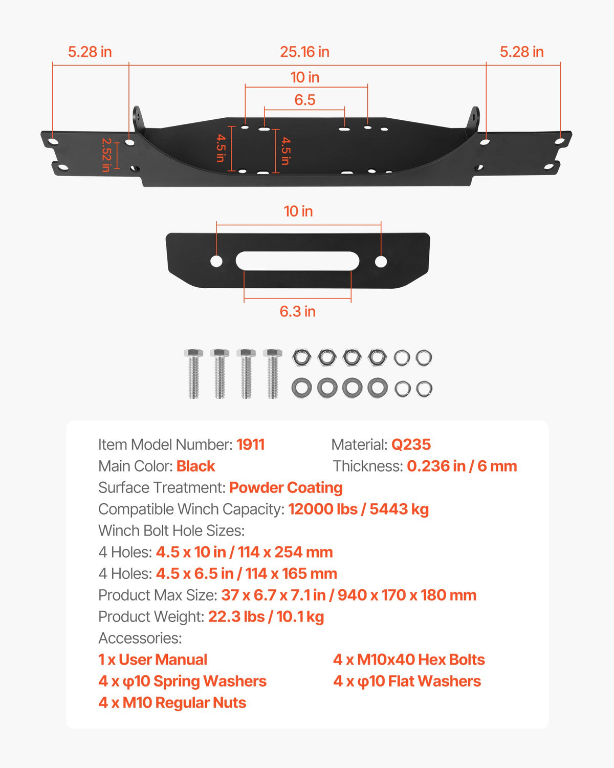 VEVOR Winch Mount, Winch Capacity of 12000 lbs / 5443 kg, Trailer Hitch Winch Mount for Select Jeep Wrangler JL/JLU & Gladiator JT Model (2018-2023), 2 Mounting Hole Design, Powder Coated Steel, Black - CYJPAZZJJEEPCD8OY001V0 - view 8