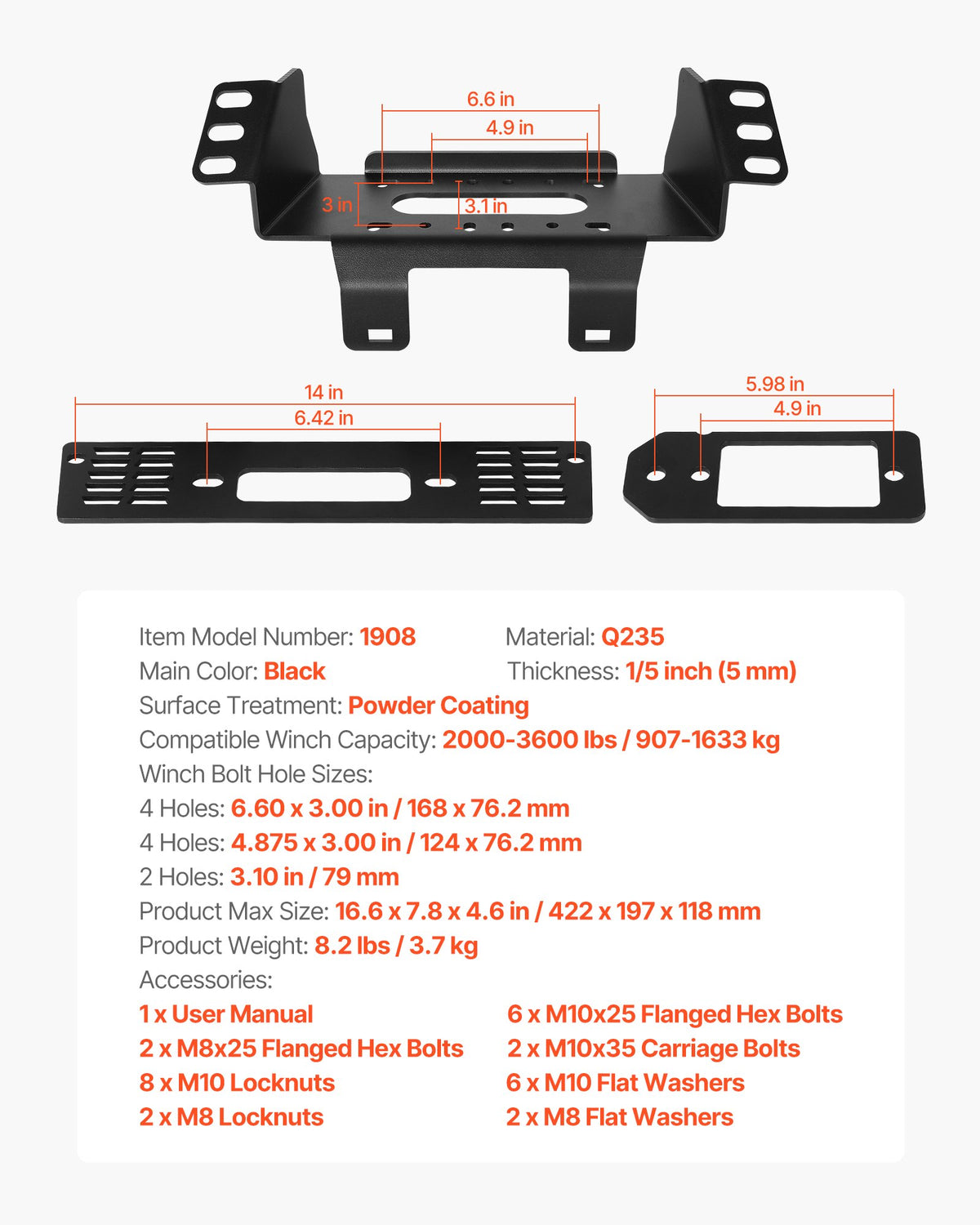 VEVOR Winch Mount, Winch Capacity of 907-1633 kg, Trailer Hitch Winch Mount for Select Polaris Ranger Models (2010-2021), 3 Mounting Hole Design, Powder Coated Steel, Fit for Muddy Road Rescue - CYJPAZZJPOLATO4WX001V0 - view 8