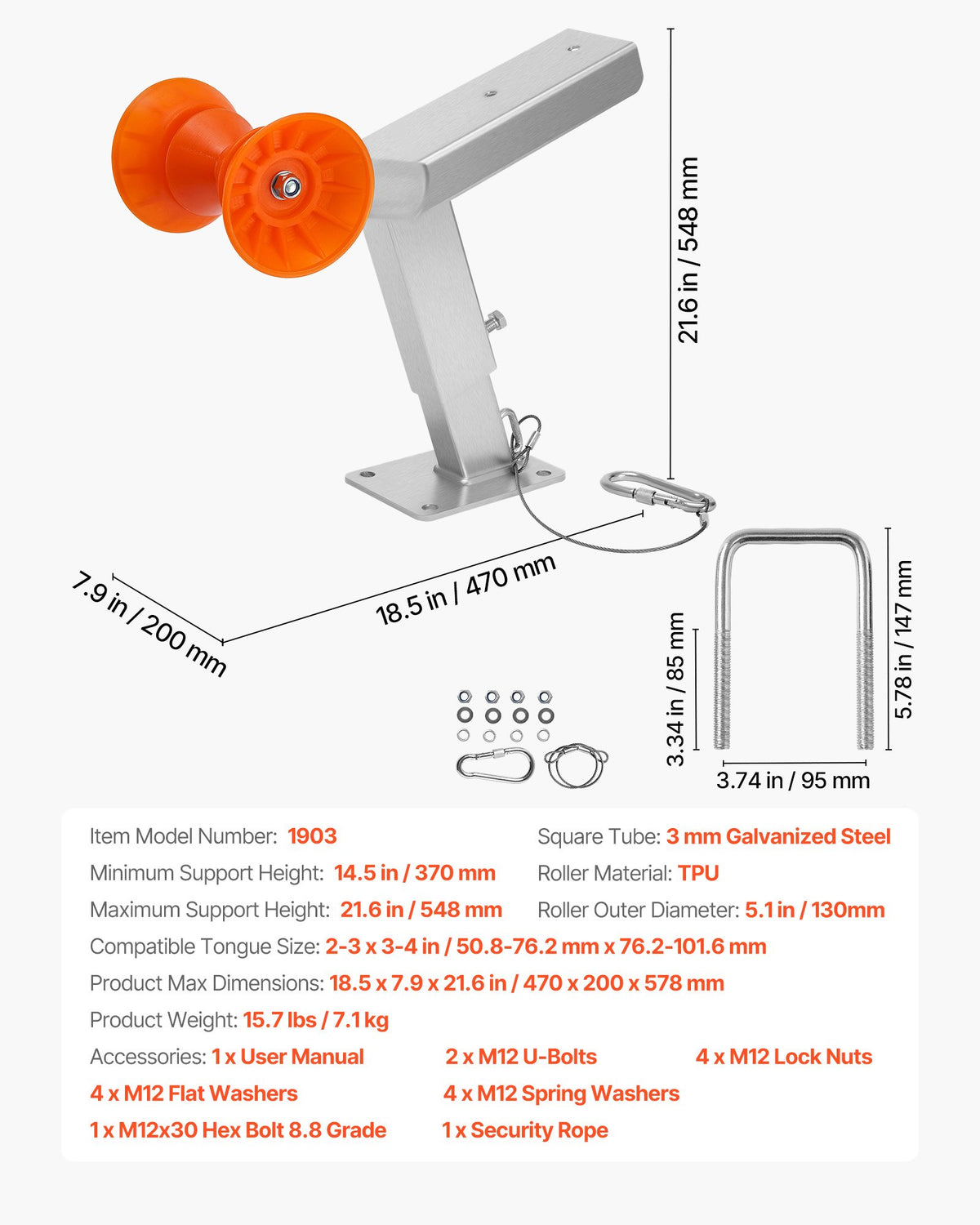 VEVOR Boat Trailer Winch Stand with Roller, Adjustable Height 14.3-21.6 Inches, Boat Winch Mount with U-Bolts for 2-3 Inches W x 3-4 Inches H Trailer Tongue, Fit for Jet Ski, Sailboat, Speedboat - CYJPZJZZJ00032G30001V0 - view 8