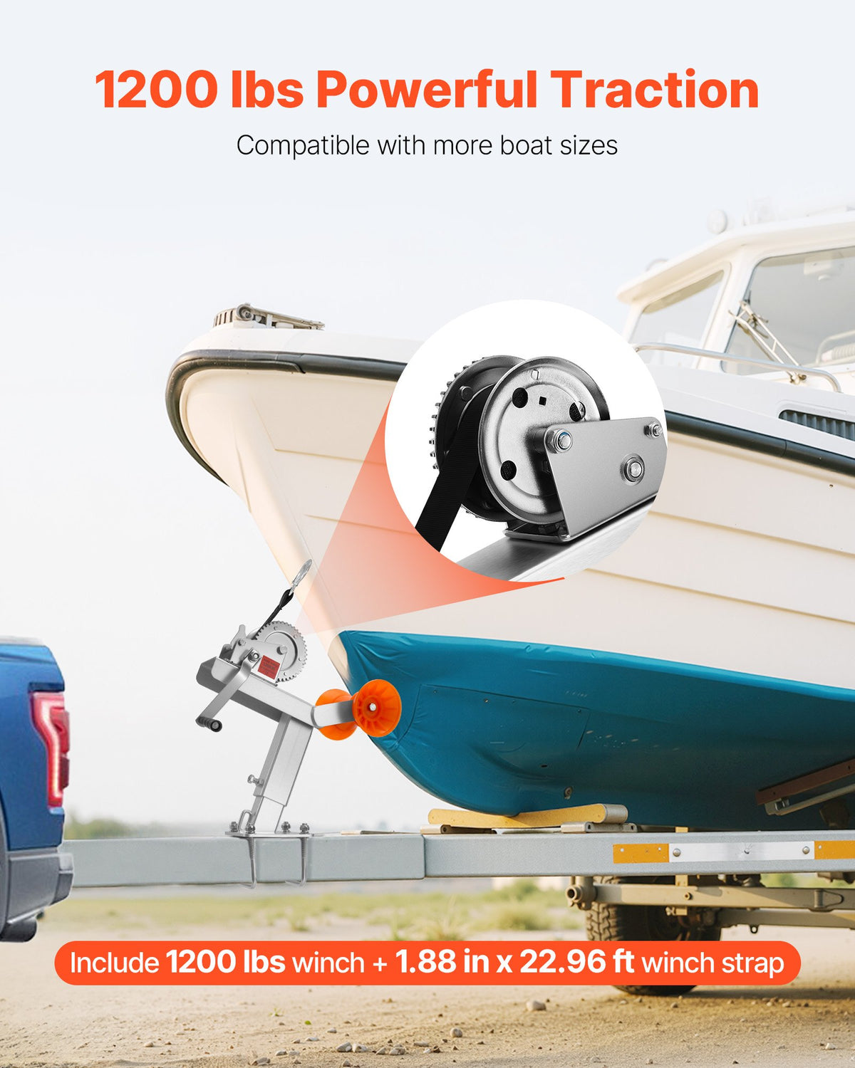 VEVOR Boat Trailer Winch Stand with Roller, 1200 lbs Winch & 2 in x 25 ft Winch Strap, Boat Winch Mount with U-Bolt for 2-3 Inches W x 3-4 Inches H Trailer Tongue, Fit for Jet Ski, Sailboat, Speedboat - CYJPZJZZJDJPQJNU5001V0 - view 3