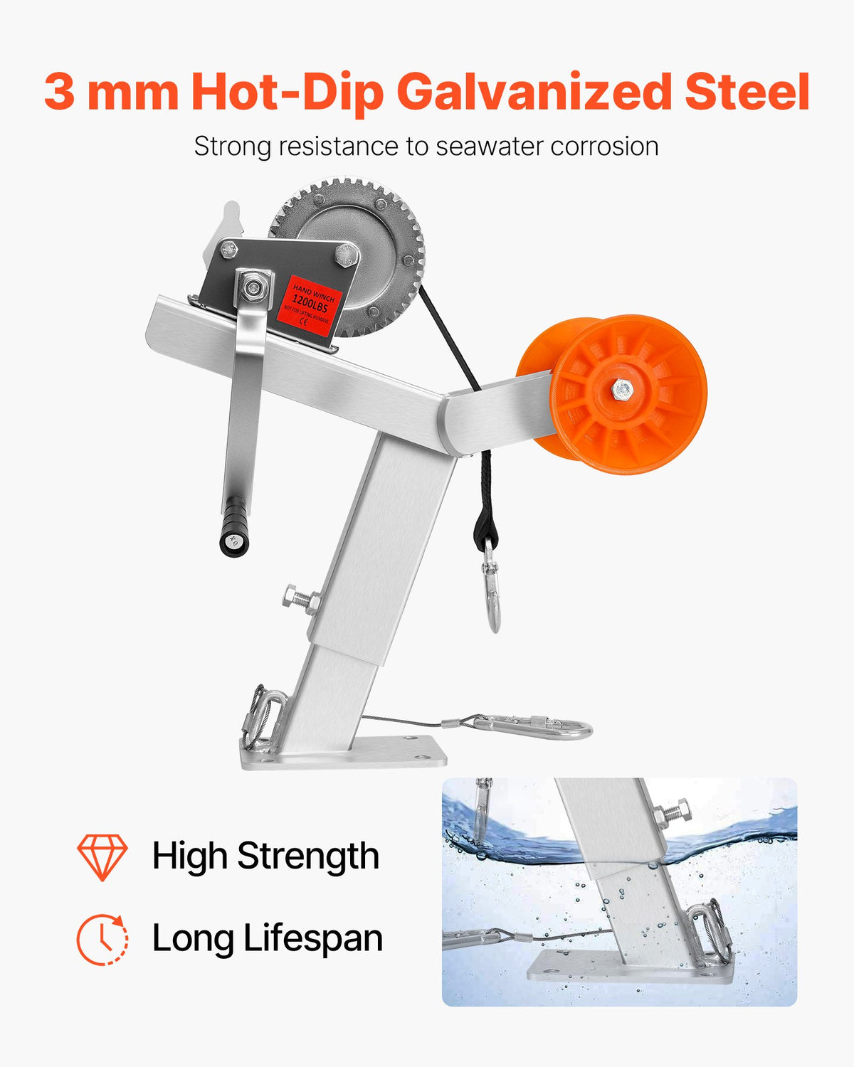 VEVOR Boat Trailer Winch Stand with Roller, 1200 lbs Winch & 2 in x 25 ft Winch Strap, Boat Winch Mount with U-Bolt for 2-3 Inches W x 3-4 Inches H Trailer Tongue, Fit for Jet Ski, Sailboat, Speedboat - CYJPZJZZJDJPQJNU5001V0 - view 4