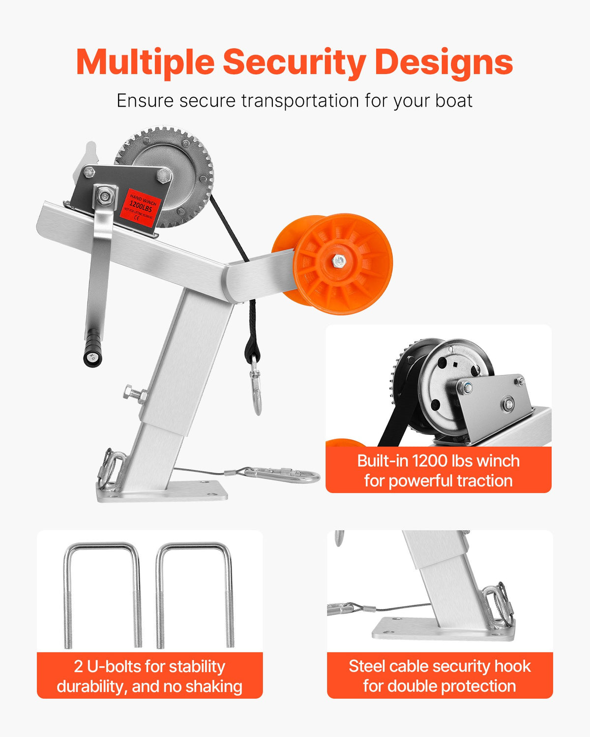 VEVOR Boat Trailer Winch Stand with Roller, 1200 lbs Winch & 2 in x 25 ft Winch Strap, Boat Winch Mount with U-Bolt for 2-3 Inches W x 3-4 Inches H Trailer Tongue, Fit for Jet Ski, Sailboat, Speedboat - CYJPZJZZJDJPQJNU5001V0 - view 7