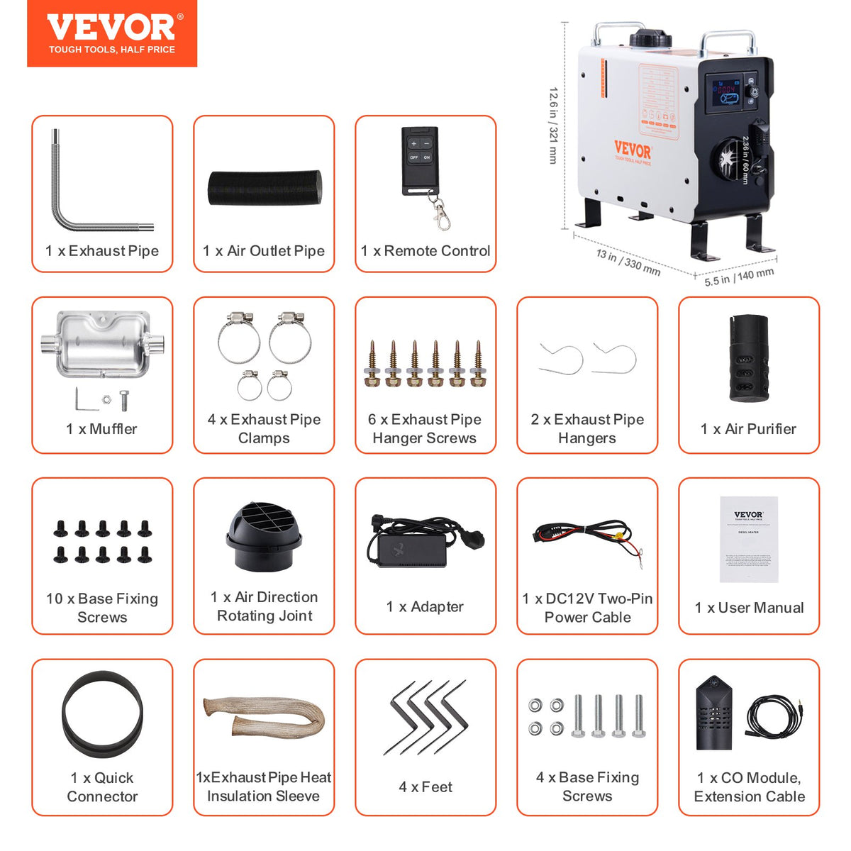 VEVOR 2KW Diesel Heater, 12V/24V All in One Diesel Air Heater, with Bluetooth APP Control, Remote Control and Display Screen, CO Alarm, Fast Heating Portable Diesel Heater for Vehicles and Outdoors - CYJRQHWKLS2KWXH0UV1 - view 8