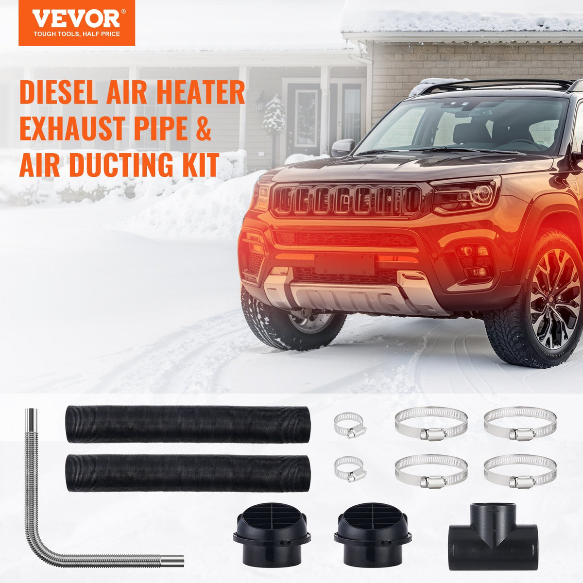 VEVOR Diesel Heater Pipe Ducting Set, 3" Extendable Air Duct Hose, 1" Stainless Steel Exhaust Pipe, 2 Air Vents, Tee Air Outlet Connector and Hose Clamps, for 5KW/8KW Diesel Parking Heaters - CYJRQPJ5KW8K2FCIDV0 - view 3