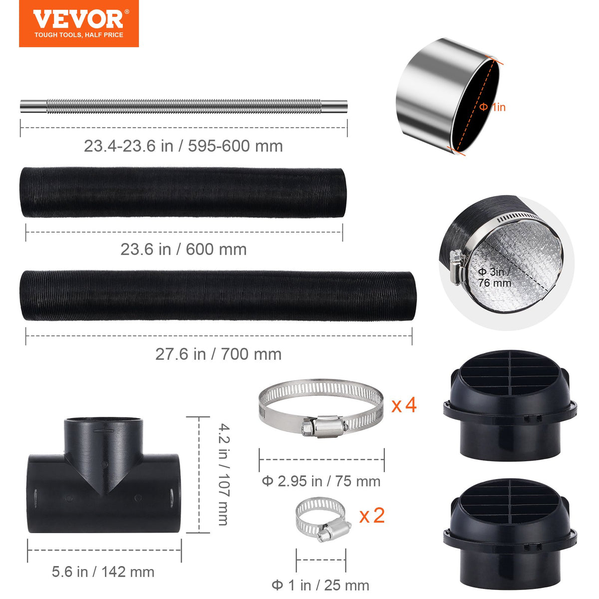 VEVOR Diesel Heater Pipe Ducting Set, 3" Extendable Air Duct Hose, 1" Stainless Steel Exhaust Pipe, 2 Air Vents, Tee Air Outlet Connector and Hose Clamps, for 5KW/8KW Diesel Parking Heaters - CYJRQPJ5KW8K2FCIDV0 - view 8