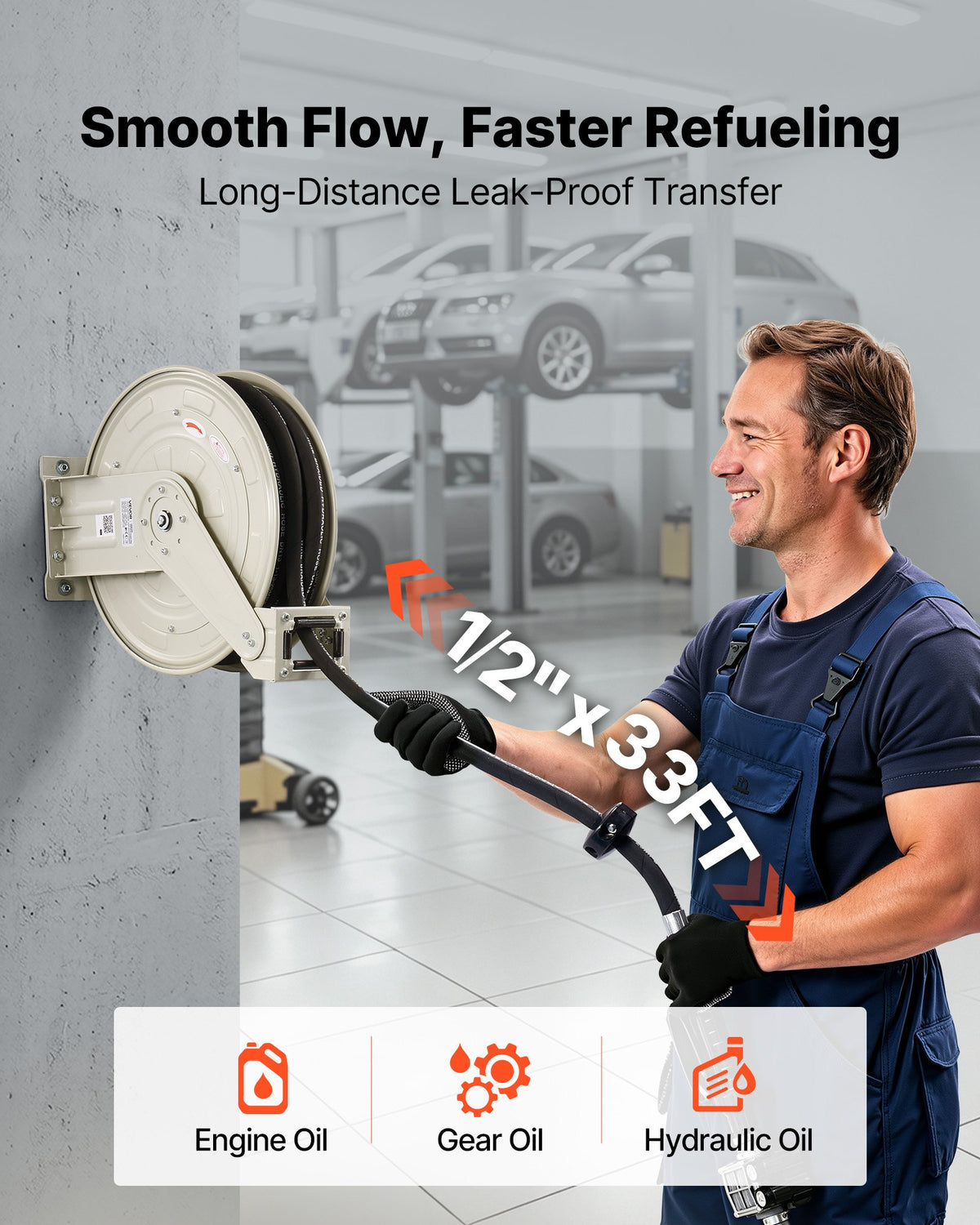VEVOR Oil Hose Reel, 1/2 inch x 33 ft Retractable, Spring Driven Auto Swivel Rewind, Max 3625 PSI, Heavy-Duty Carbon Steel Construction with Steel Wire Braided Hose, for Engine / Gear / Hydraulic Oil - CYRGJPDDK33FDD3H0001V0 - view 3