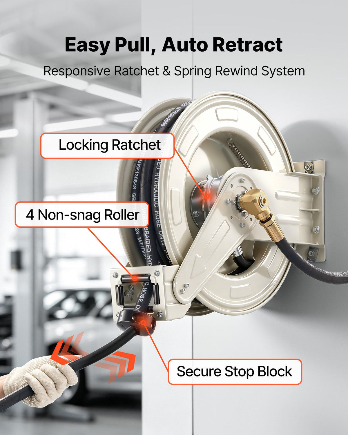 VEVOR Oil Hose Reel, 1/2 inch x 33 ft Retractable, Spring Driven Auto Swivel Rewind, Max 3625 PSI, Heavy-Duty Carbon Steel Construction with Steel Wire Braided Hose, for Engine / Gear / Hydraulic Oil - CYRGJPDDK33FDD3H0001V0 - view 5