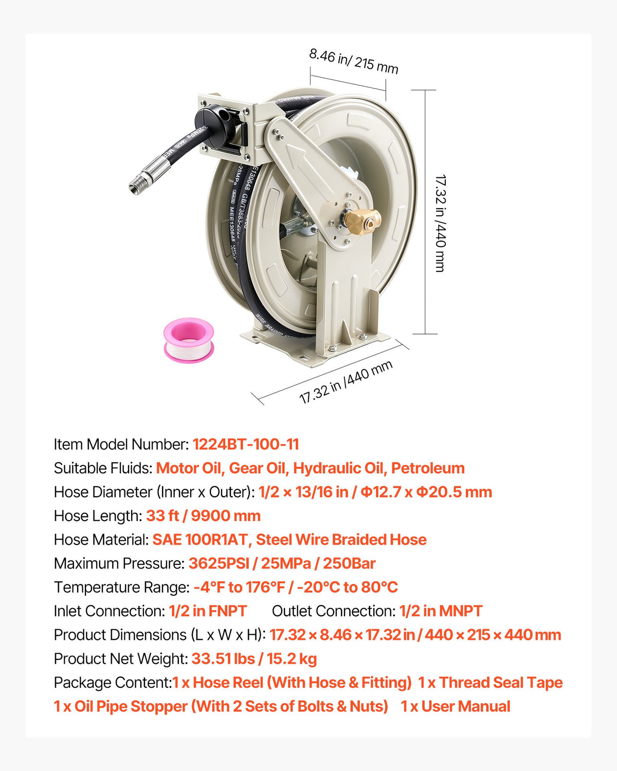 VEVOR Oil Hose Reel, 1/2 inch x 33 ft Retractable, Spring Driven Auto Swivel Rewind, Max 3625 PSI, Heavy-Duty Carbon Steel Construction with Steel Wire Braided Hose, for Engine / Gear / Hydraulic Oil - CYRGJPDDK33FDD3H0001V0 - view 8