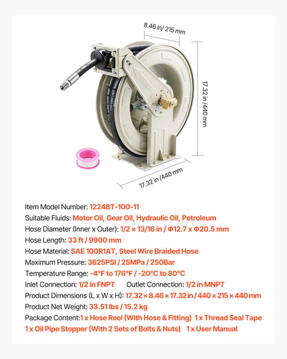 VEVOR Oil Hose Reel, 1/2 inch x 33 ft Retractable, Spring Driven Auto Swivel Rewind, Max 3625 PSI, Heavy-Duty Carbon Steel Construction with Steel Wire Braided Hose, for Engine / Gear / Hydraulic Oil - CYRGJPDDK33FDD3H0001V0 - view 8