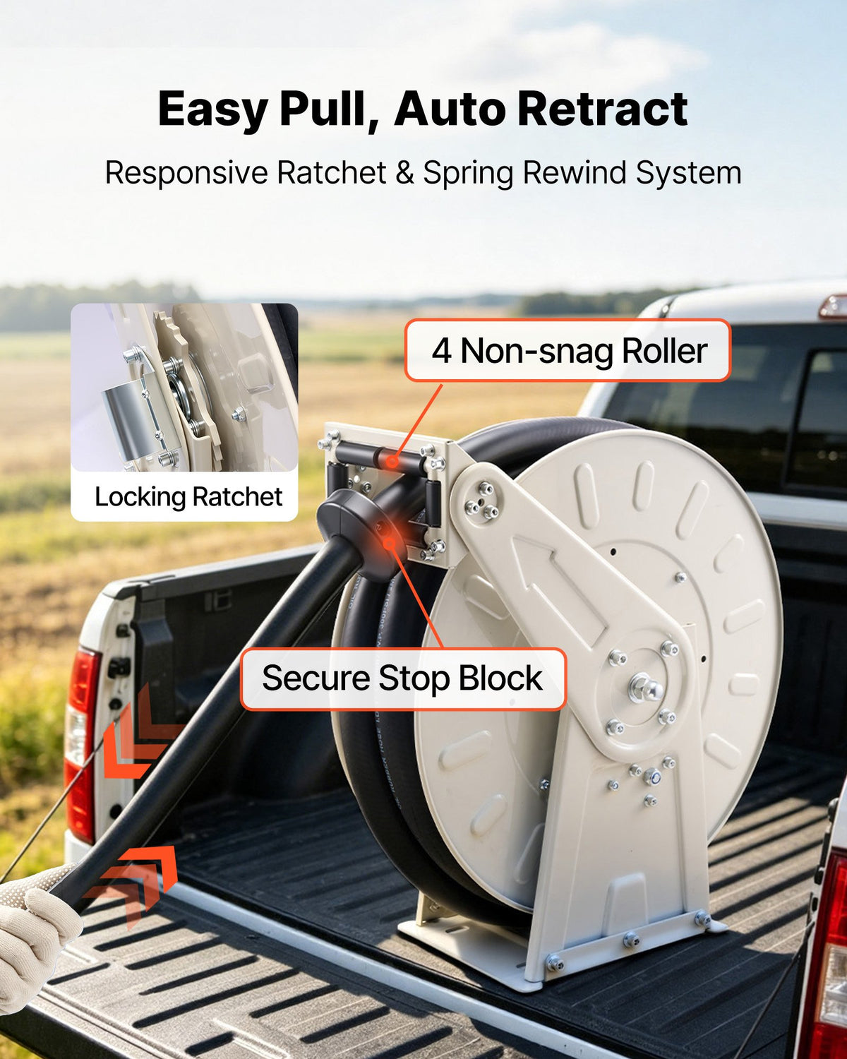 VEVOR Fuel Hose Reel, 1 inch x 33 ft Retractable, Spring Driven Auto Swivel Rewind, 300 PSI, Heavy-Duty Carbon Steel Construction with Industrial Grade Rubber Hose, for Diesel Fuel, Kerosene - CYRGJPDDK33FREPDP001V0 - view 5