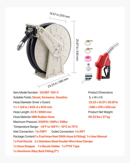 VEVOR Fuel Hose Reel, 1 inch x 33 ft Retractable, Spring Driven Auto Swivel Rewind, 300 PSI, Heavy-Duty Carbon Steel Construction with Industrial Grade Rubber Hose, for Diesel Fuel, Kerosene - CYRGJPDDK33FREPDP001V0 - view 8