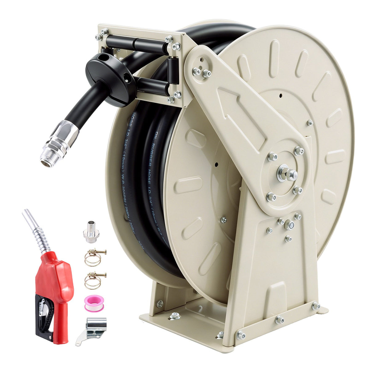 VEVOR Fuel Hose Reel, 3/4 inch x 33 ft Retractable, Spring Driven Auto Swivel Rewind, 300 PSI, Heavy-Duty Carbon Steel Construction with Industrial Grade Rubber Hose, for Diesel Fuel, Kerosene - CYRGJPDDK33FWCPLG001V0 - view 1