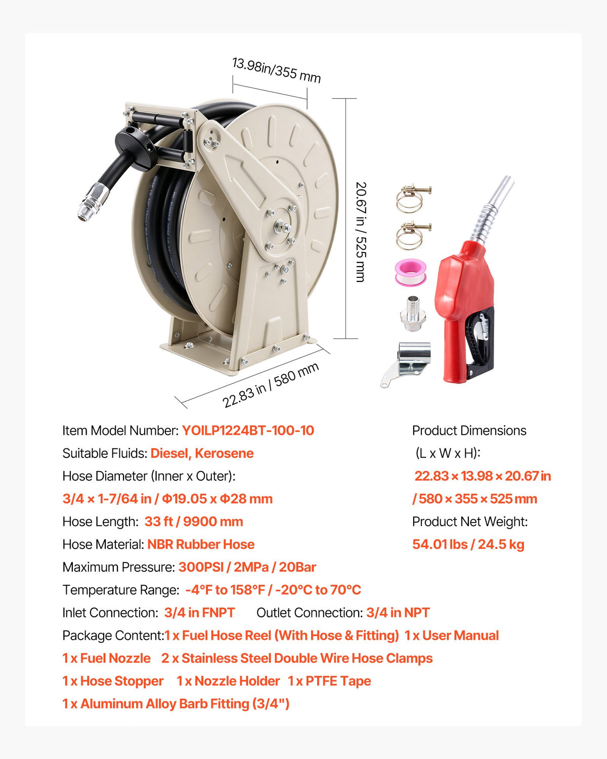 VEVOR Fuel Hose Reel, 3/4 inch x 33 ft Retractable, Spring Driven Auto Swivel Rewind, 300 PSI, Heavy-Duty Carbon Steel Construction with Industrial Grade Rubber Hose, for Diesel Fuel, Kerosene - CYRGJPDDK33FWCPLG001V0 - view 8
