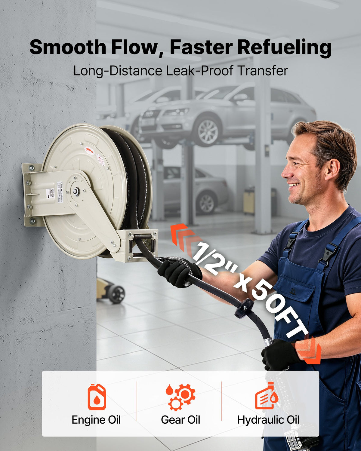 VEVOR Oil Hose Reel, 1/2 inch x 50 ft Retractable, Spring Driven Auto Swivel Rewind, Max 3625 PSI, Heavy-Duty Carbon Steel Construction with Steel Wire Braided Hose, for Engine / Gear / Hydraulic Oil - CYRGJPDDK50F8JNYY001V0 - view 3