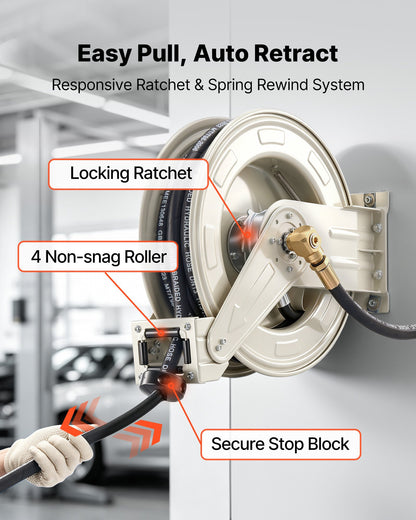 VEVOR Oil Hose Reel, 1/2 inch x 50 ft Retractable, Spring Driven Auto Swivel Rewind, Max 3625 PSI, Heavy-Duty Carbon Steel Construction with Steel Wire Braided Hose, for Engine / Gear / Hydraulic Oil - CYRGJPDDK50F8JNYY001V0 - view 5