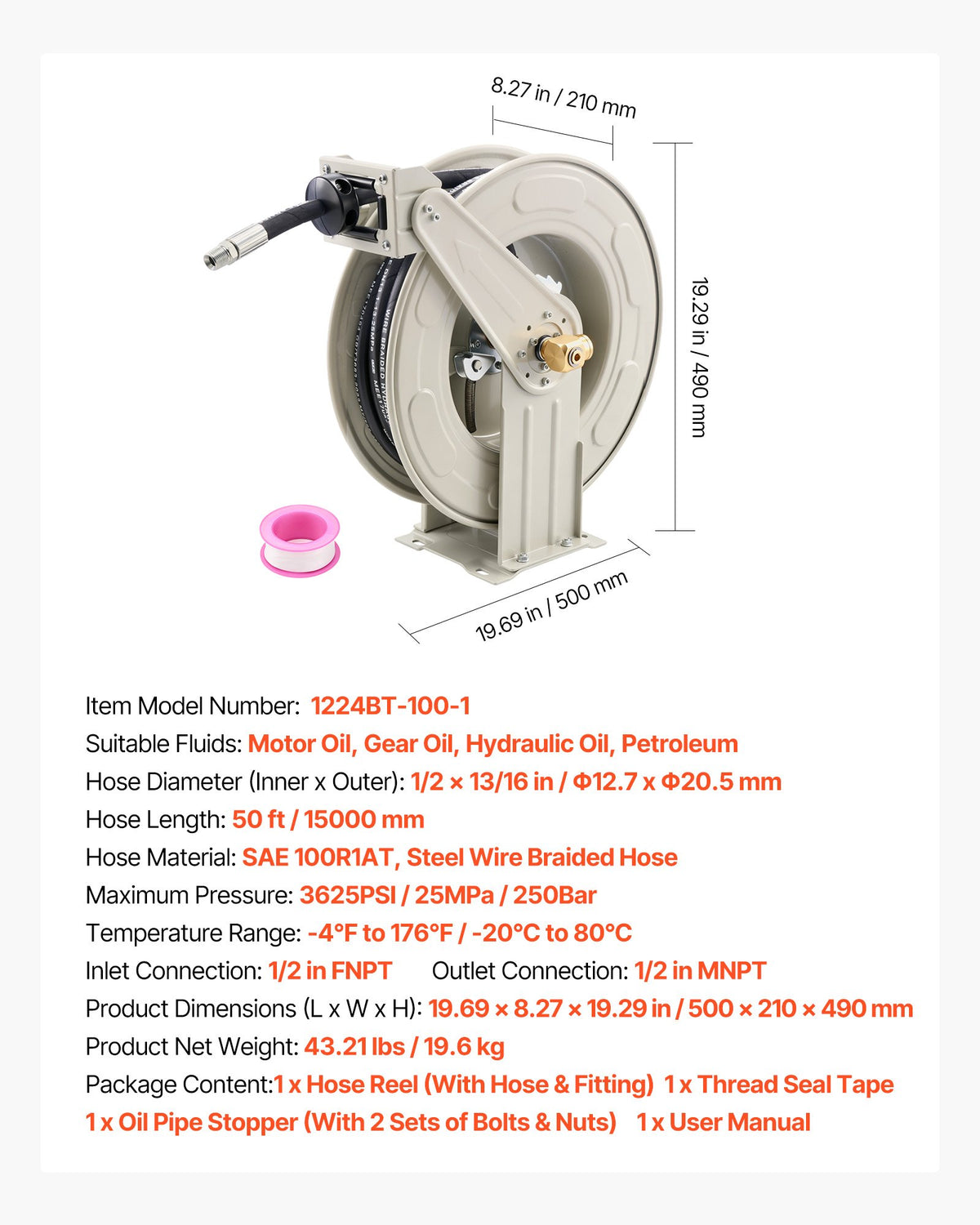 VEVOR Oil Hose Reel, 1/2 inch x 50 ft Retractable, Spring Driven Auto Swivel Rewind, Max 3625 PSI, Heavy-Duty Carbon Steel Construction with Steel Wire Braided Hose, for Engine / Gear / Hydraulic Oil - CYRGJPDDK50F8JNYY001V0 - view 8