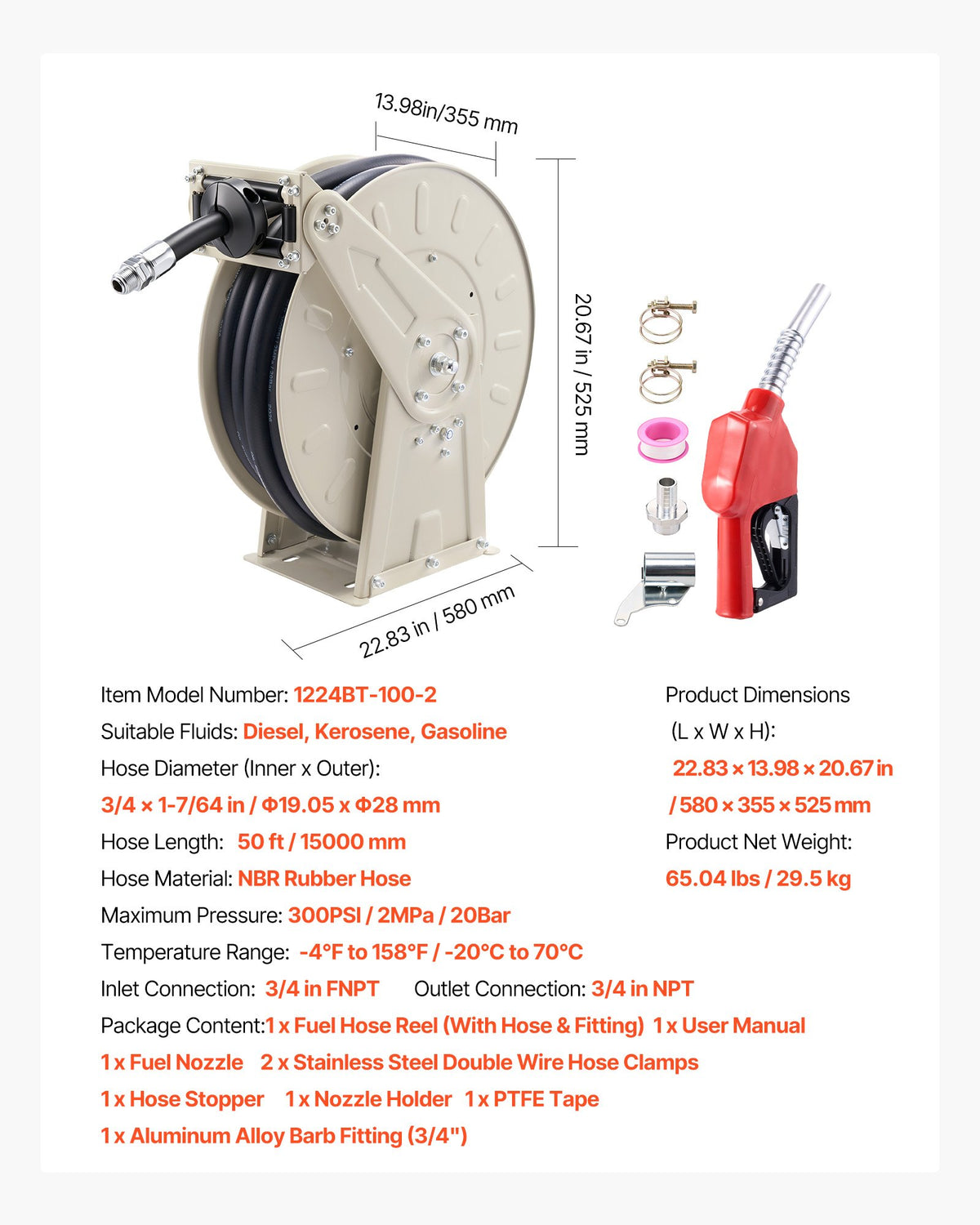 VEVOR Fuel Hose Reel, 3/4 inch x 50 ft Retractable, Spring Driven Auto Swivel Rewind, 300 PSI, Heavy-Duty Carbon Steel Construction with Industrial Grade Rubber Hose, for Diesel Fuel, Kerosene - CYRGJPDDK50FAK6C2001V0 - view 8