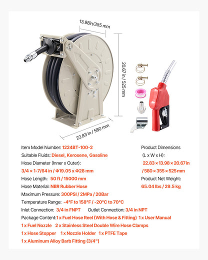 VEVOR Fuel Hose Reel, 3/4 inch x 50 ft Retractable, Spring Driven Auto Swivel Rewind, 300 PSI, Heavy-Duty Carbon Steel Construction with Industrial Grade Rubber Hose, for Diesel Fuel, Kerosene - CYRGJPDDK50FAK6C2001V0 - view 8