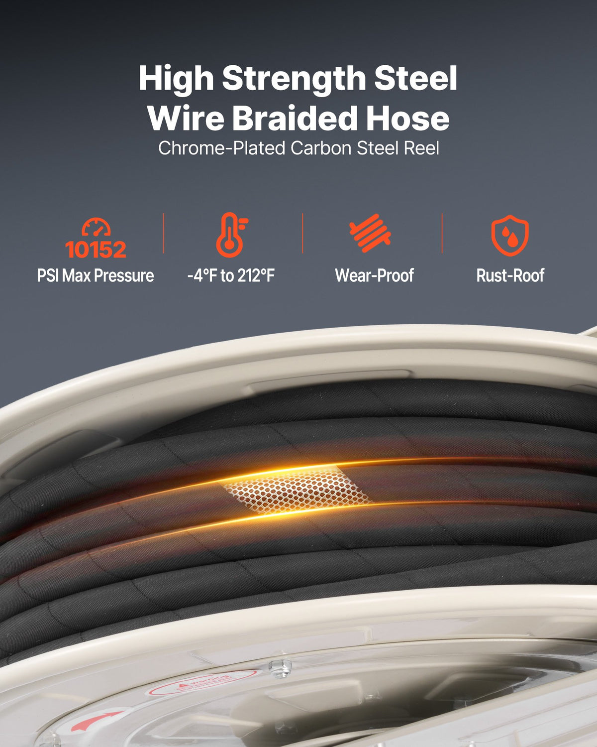 VEVOR Grease Hose Reel, 1/4 in x 50 ft Retractable, Spring Driven Auto Swivel Rewind, Max 10152 PSI, Heavy-Duty Carbon Steel Construction with Steel Wire Braided Hose, for Lube, Grease, Hydraulic Oil - CYRGJPDDK50FT5TZF001V0 - view 4