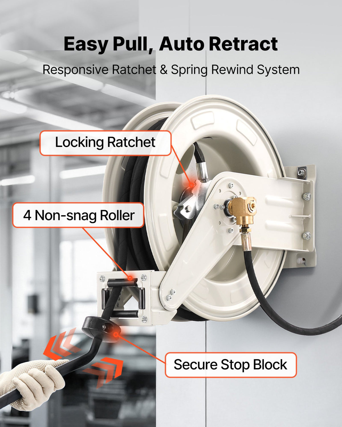 VEVOR Grease Hose Reel, 1/4 in x 50 ft Retractable, Spring Driven Auto Swivel Rewind, Max 10152 PSI, Heavy-Duty Carbon Steel Construction with Steel Wire Braided Hose, for Lube, Grease, Hydraulic Oil - CYRGJPDDK50FT5TZF001V0 - view 5