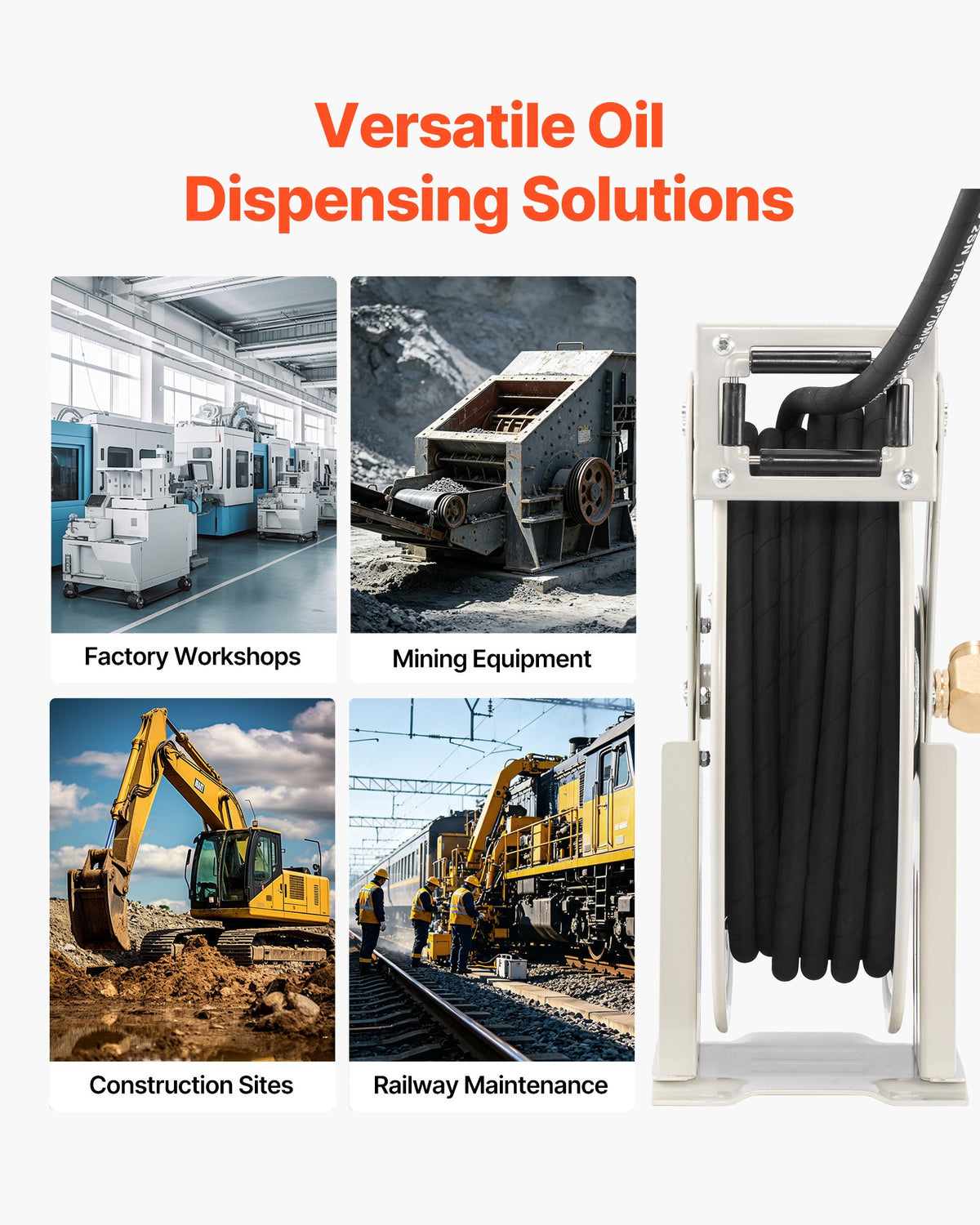 VEVOR Grease Hose Reel, 1/4 in x 50 ft Retractable, Spring Driven Auto Swivel Rewind, Max 10152 PSI, Heavy-Duty Carbon Steel Construction with Steel Wire Braided Hose, for Lube, Grease, Hydraulic Oil - CYRGJPDDK50FT5TZF001V0 - view 7