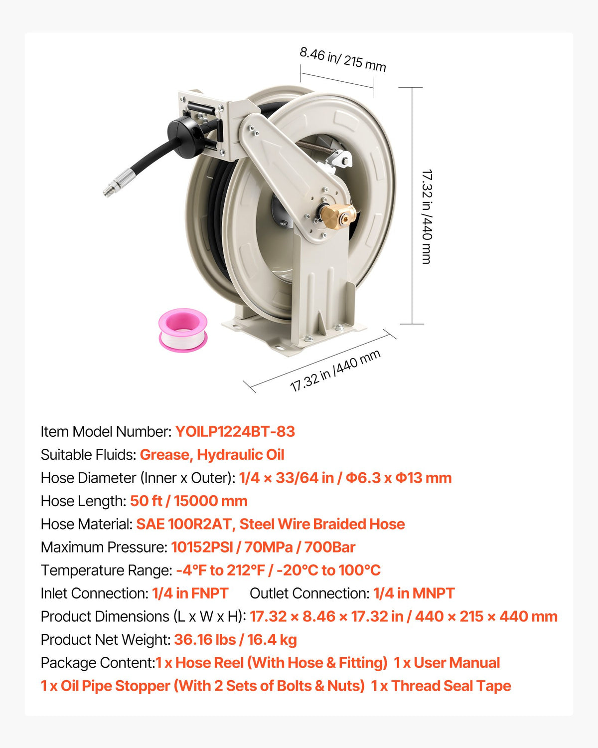 VEVOR Grease Hose Reel, 1/4 in x 50 ft Retractable, Spring Driven Auto Swivel Rewind, Max 10152 PSI, Heavy-Duty Carbon Steel Construction with Steel Wire Braided Hose, for Lube, Grease, Hydraulic Oil - CYRGJPDDK50FT5TZF001V0 - view 8
