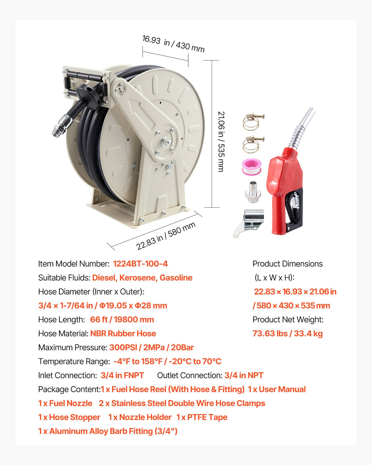 VEVOR Fuel Hose Reel, 3/4 inch x 66 ft Retractable, Spring Driven Auto Swivel Rewind, 300 PSI, Heavy-Duty Carbon Steel Construction with Industrial Grade Rubber Hose, for Diesel Fuel, Kerosene - CYRGJPDDK66FL8QKV001V0 - view 8