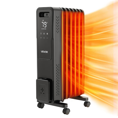 VEVOR Electric Oil Filled Radiator, 1500W Radiant Space Heater with Dual U-shaped Heating Tubes, Over-Heat Protections,3 Heat Settings,24h Timer, Flexible Casters, Remote Control for Indoor,Black - CYSFSJRQMXFRY8BZ1001V1 - view 1