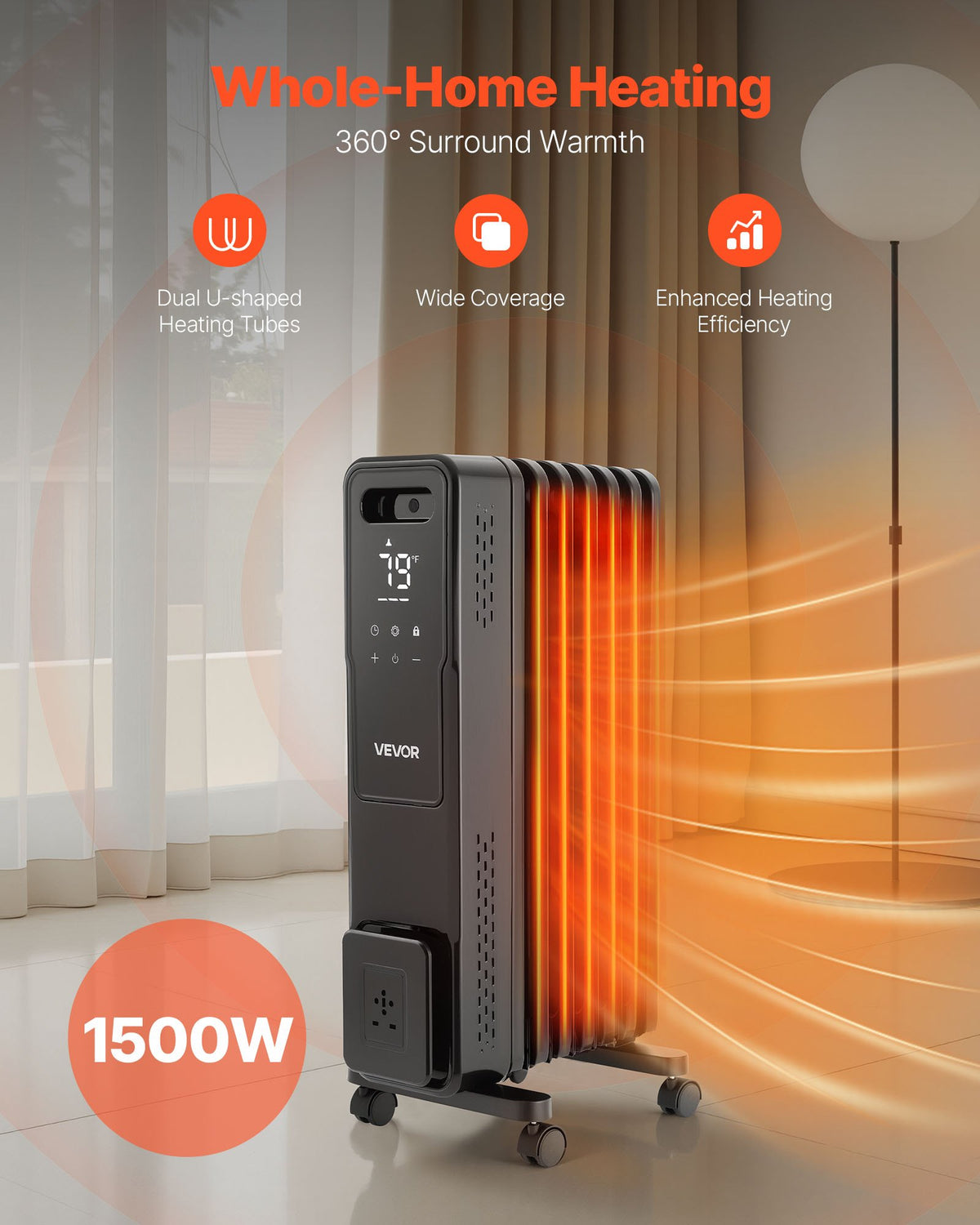 VEVOR Electric Oil Filled Radiator, 1500W Radiant Space Heater with Dual U-shaped Heating Tubes, Over-Heat Protections,3 Heat Settings,24h Timer, Flexible Casters, Remote Control for Indoor,Black - CYSFSJRQMXFRY8BZ1001V1 - view 3