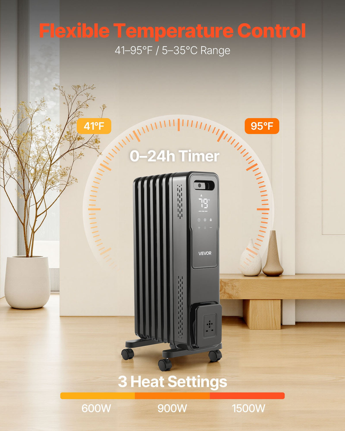 VEVOR Electric Oil Filled Radiator, 1500W Radiant Space Heater with Dual U-shaped Heating Tubes, Over-Heat Protections,3 Heat Settings,24h Timer, Flexible Casters, Remote Control for Indoor,Black - CYSFSJRQMXFRY8BZ1001V1 - view 4