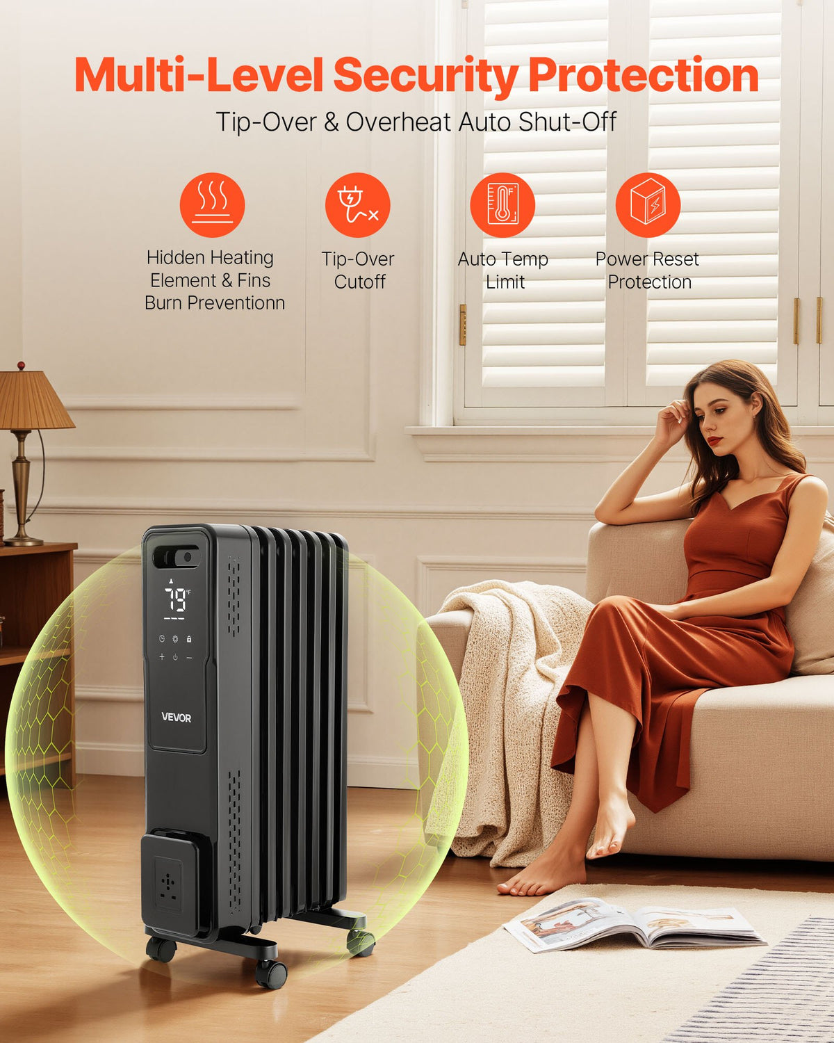 VEVOR Electric Oil Filled Radiator, 1500W Radiant Space Heater with Dual U-shaped Heating Tubes, Over-Heat Protections,3 Heat Settings,24h Timer, Flexible Casters, Remote Control for Indoor,Black - CYSFSJRQMXFRY8BZ1001V1 - view 5