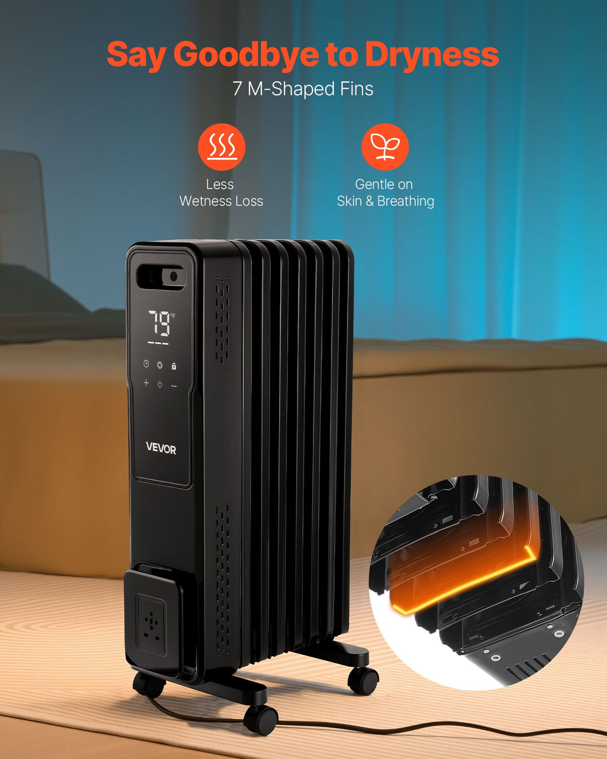 VEVOR Electric Oil Filled Radiator, 1500W Radiant Space Heater with Dual U-shaped Heating Tubes, Over-Heat Protections,3 Heat Settings,24h Timer, Flexible Casters, Remote Control for Indoor,Black - CYSFSJRQMXFRY8BZ1001V1 - view 6