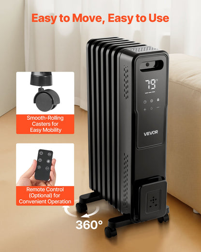 VEVOR Electric Oil Filled Radiator, 1500W Radiant Space Heater with Dual U-shaped Heating Tubes, Over-Heat Protections,3 Heat Settings,24h Timer, Flexible Casters, Remote Control for Indoor,Black - CYSFSJRQMXFRY8BZ1001V1 - view 7